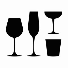 Glassware Silhouette Icon Set Wine, Champagne, Cocktail, Whiskey Glass Vector