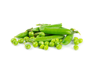 Fresh green pea pods with green peas isolated on white background. Sweet green peas. Green pea beans vegetables. Vegan. healthy vegetable