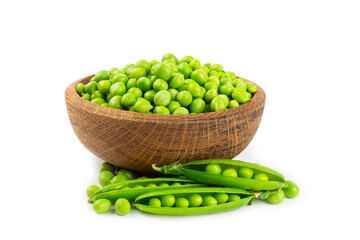 Fresh green pea pods with green peas isolated on white background. Sweet green peas. Green pea beans vegetables. Vegan. healthy vegetable