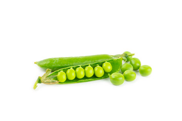 Fresh green pea pods with green peas isolated on white background. Sweet green peas. Green pea beans vegetables. Vegan. healthy vegetable