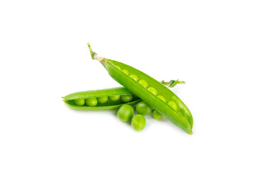 Fresh green pea pods with green peas isolated on white background. Sweet green peas. Green pea beans vegetables. Vegan. healthy vegetable