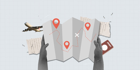 Business travel guide with map and airplane illustrations. Vector illustration