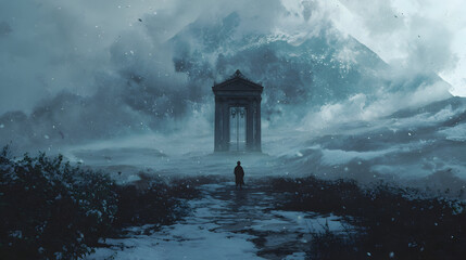 Mysterious figure stands before ancient temple amid stormy landscape with swirling clouds and dramatic mountains