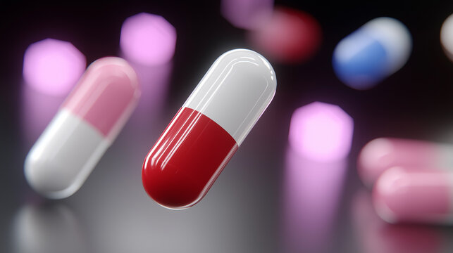 Advanced Healthcare Visualization with 3D Floating Pills, Neon Lighting, Binary Code, DNA Helix Graphics, and Global Medical Network Concepts in a Glowing Abstract Digital Environment