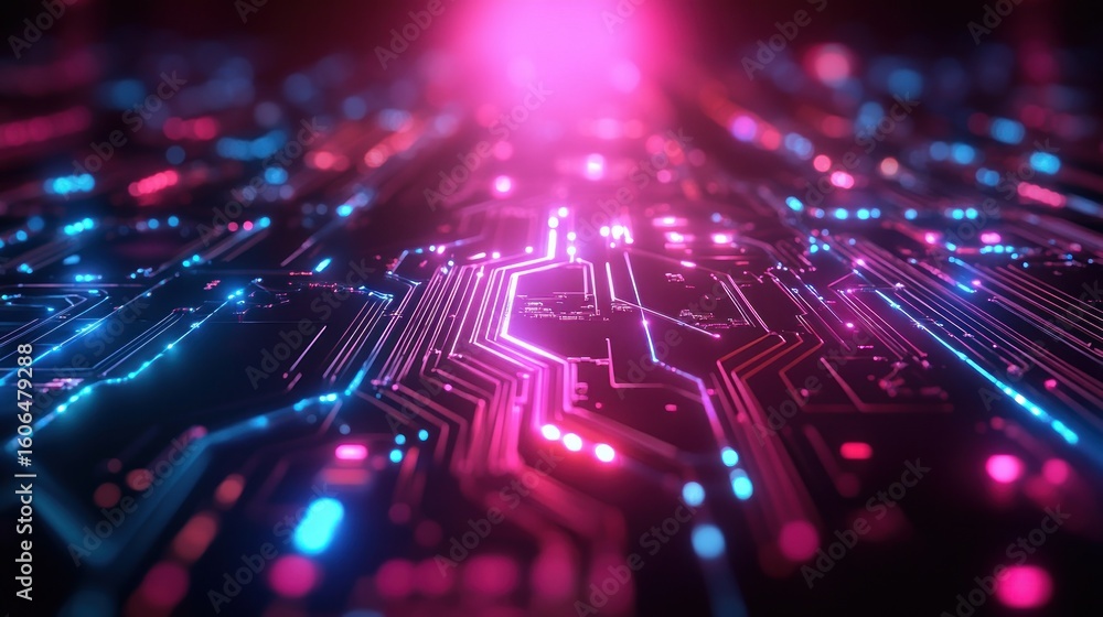Poster close-up view of glowing circuit board patterns.