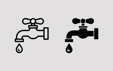 Water Tap Icon Set Outline and Solid Faucet with Drip Vector