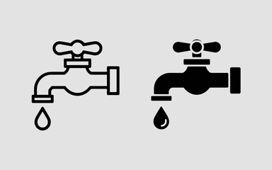 Water Tap Icon Set Outline and Solid Faucet with Drip Vector