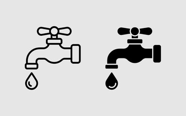 Water Tap Icon Set Outline and Solid Faucet with Drip Vector