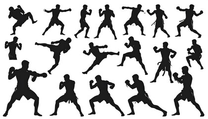 Dynamic display of silhouetted muay thai fighters executing various strikes and poses