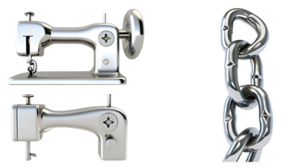 Chrome sewing machine and chain links isolated on a transparent background metal