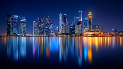Fototapeta premium City Skyline Illuminated at Night with Colorful Reflections on Water Surface