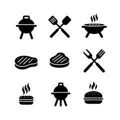 Barbecue grill equipment black and white icon set collection vector illustration for summer cooking outdoor grilling tools 