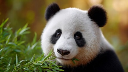 Close-Up of a Panda Sitting Amidst Lush Bamboo with a Serene Expression