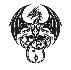 Fototapeta premium Black Tribal Dragon Vector | Tattoo Style Line Art on White, AI generator