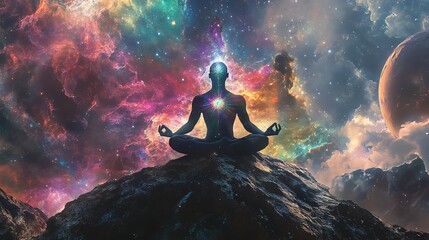 Fototapeta premium Meditative figure surrounded by cosmic colors.