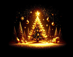 Golden Christmas scenery illustration on dark background with many decorative branches, decorations, stars.
