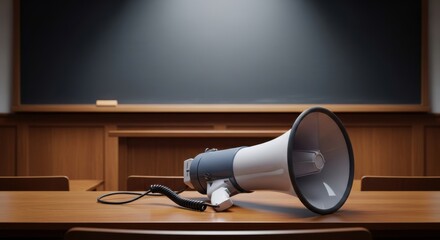 A megaphone rests on a wooden table in front of a blackboard in a classroom