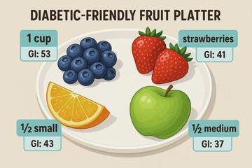 fruits for diabetic patients. A diabetic-friendly fruit platter featuring blueberries, strawberries, orange slice, and green apple with their glycemic index values.