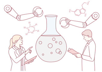 An illustration depicting scientists actively engaged in working with robotics within a chemistry laboratory setting