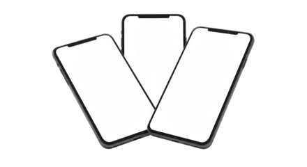 Three modern dark grey smartphones, blank white displays, dynamic island notches, arranged at varying angles on a transparent background, showcasing sleek profiles, clean lines, concept for