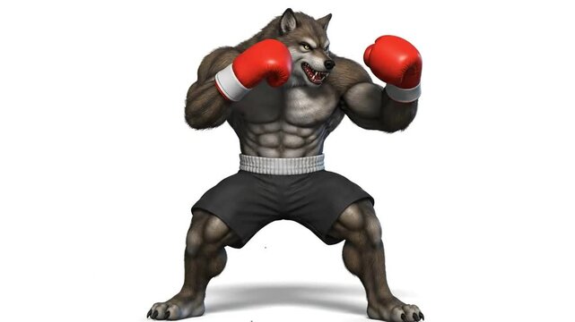 A powerful anthropomorphic wolf character in a boxing stance wearing red boxing gloves and black shorts against a white background