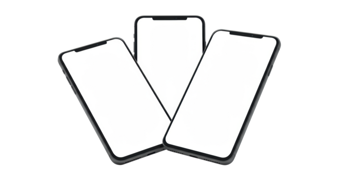 Three modern dark grey smartphones, blank white displays, dynamic island notches, arranged at varying angles on a transparent background, showcasing sleek profiles, clean lines, concept for
