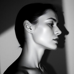 Fototapeta premium Dramatic black and white portrait of a woman with strong shadow