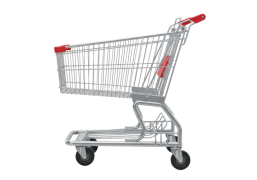 Empty silver metal shopping cart with wire mesh, black wheels, red handle, pristine on transparent studio background with shadowless lighting, precise side view, concept for commercial product