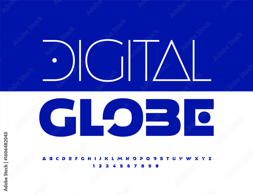 Aufkleber vector techno concept digital globe. unique blue font. digital alphabet letters and numbers set