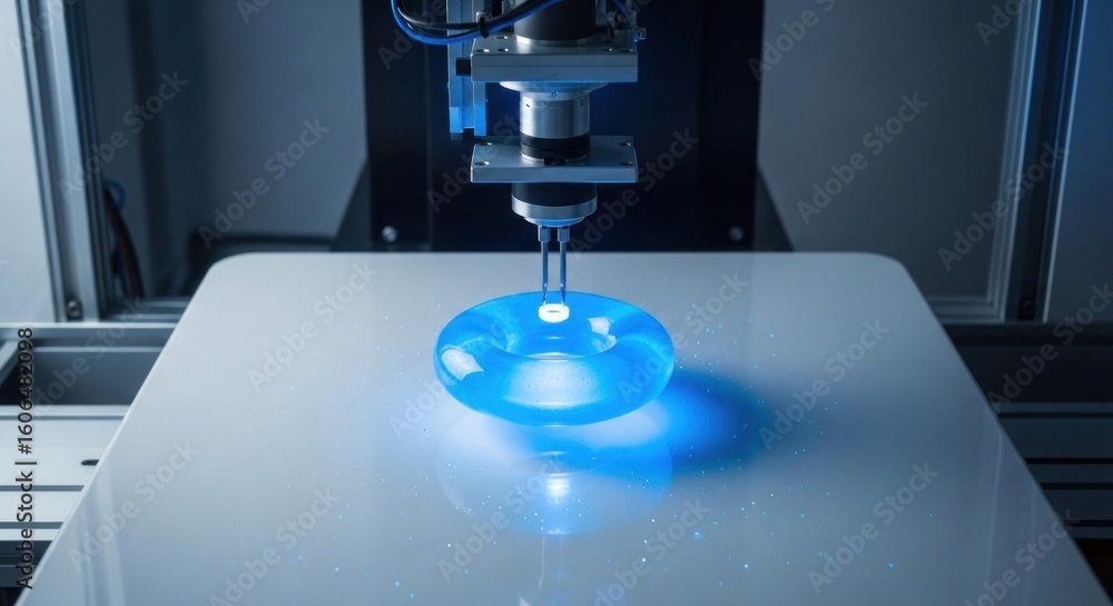 Poster 3d printer depositing material onto a translucent object