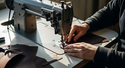 Close-up view of leather crafting with a vintage sewing machine.