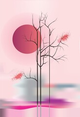 Landscape with trees and a red sun