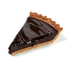 Slice of Chocolate Tart with Shiny Glaze on a White Background