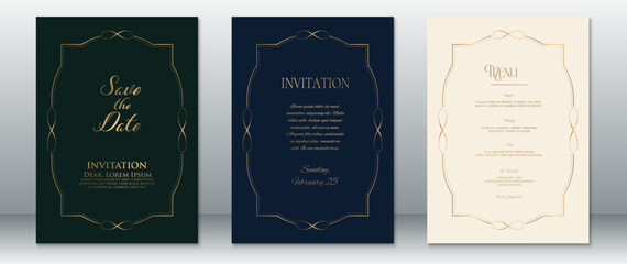 Elegant wedding invitation set with Save the Date, Invitation, and Menu cards. Designed with gold ornate frames on dark green, navy blue, and cream backgrounds.  