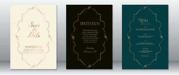 Refined wedding invitation bundle including Save the Date, Invitation, and Menu templates. Features gold ornamental frames on cream, black, and teal backgrounds.  