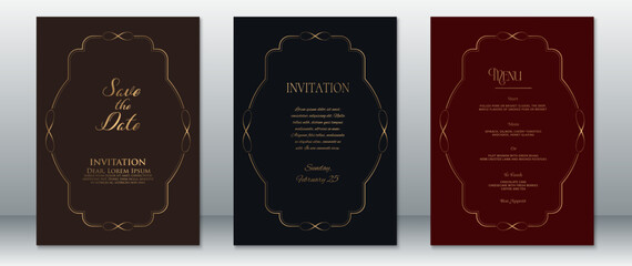 Classic wedding invitation set including Save the Date, formal Invitation, and Menu card. Designed with gold ornamental frames and rich brown, black, and burgundy backgrounds.