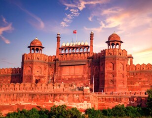 Majestic Red Fort of Delhi at sunset, showcasing its imposing architecture and vibrant red sandstone.