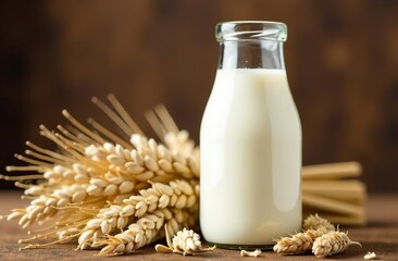 Oat milk. Bottle of lactose-free milk on rustic wooden table with oat spikes around. Healthy milky drink. Trendy substitute for dairy products. Non-alcoholik beverage ads branding banner background 