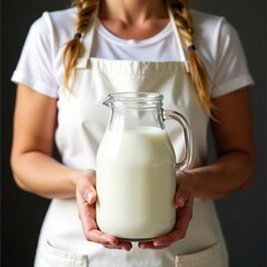 Ads branding banner for natural organic milk from her own farm. Young blond woman in white apron with pigtails holds a glass jar of fresh milk. Country milk. 