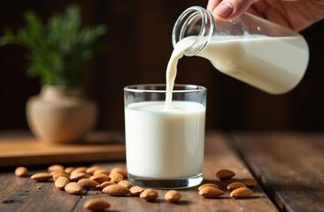 Close up of hand pours almond milk into a glass from a glass bottle on rustic wood background. Lactose-free milk. Banner for advertising lactose-free milk. Ads branding concept for dairy shop.