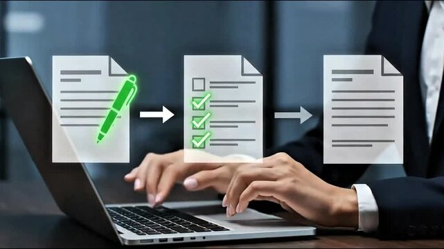 Business professional using a laptop with digital documents and a glowing pen symbolizing electronic signature and document management