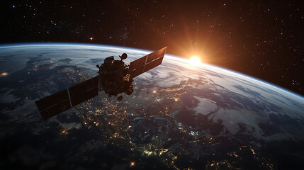 A high-resolution digital illustration depicts a satellite orbiting Earth in outer space, with solar panels, antennas, and city lights in North America, surrounded by a star-filled galaxy and a radian