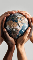 Diverse hands cradling a detailed Earth globe