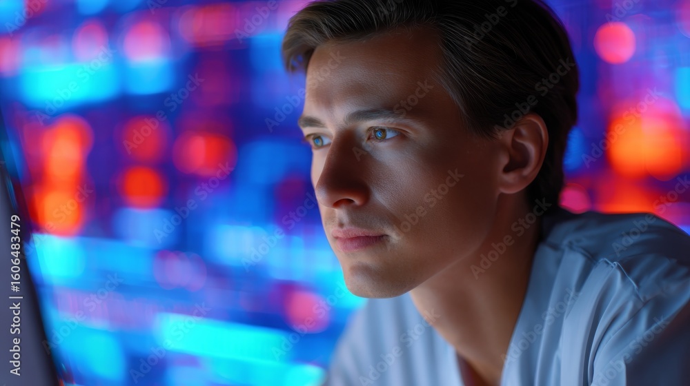 Poster focused young man analyzing data on computer screen illuminated by vibrant blue and red lights
