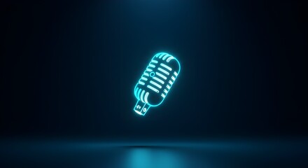 Glowing blue neon microphone on dark background