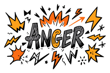 Expressive hand drawn lettering of the word ANGER surrounded by lightning bolts explosions and abstract shapes conveying a sense of frustration emotional outburst and intense