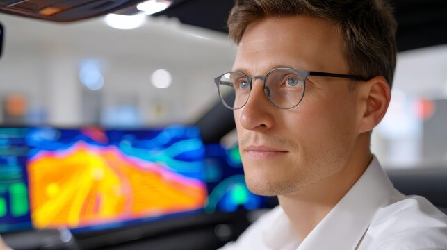 Focused Young Engineer Monitoring Advanced Automotive Technology With Vibrant Digital Display In Background