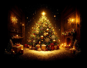 Golden Christmas tree illustration on dark background with many decorative branches, decorations, stars..