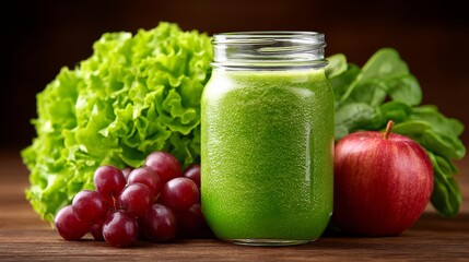 Fresh Green Smoothie in a Mason Jar Surrounded by Leafy Greens and Fruits on a Wooden Surface
