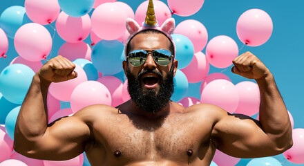 A powerful and whimsical muscle unicorn man with a beard flexing his biceps at a festive party with pink and blue balloons.